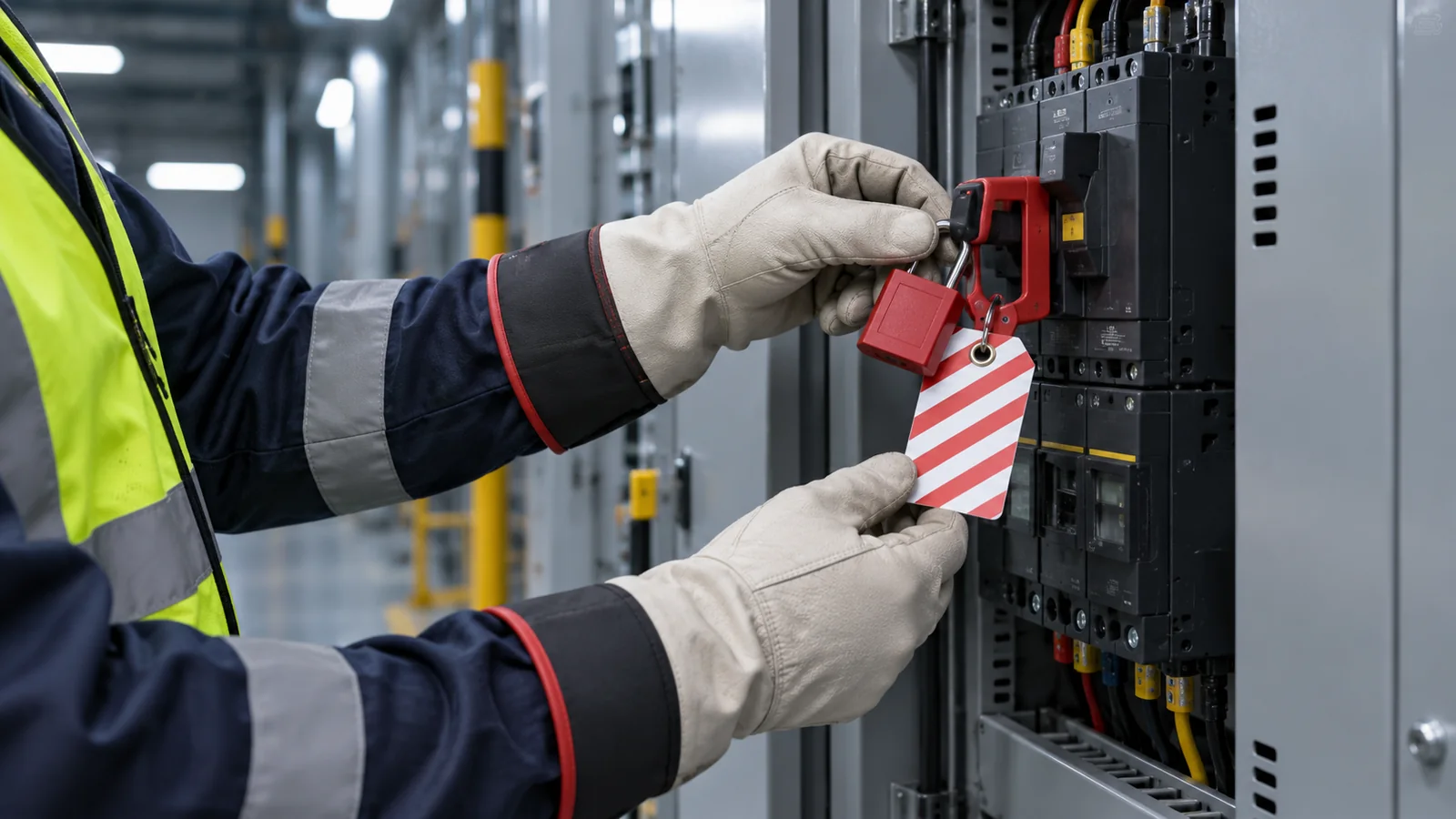 Aplicación de bloqueo y etiquetado LOTO en un tablero eléctrico